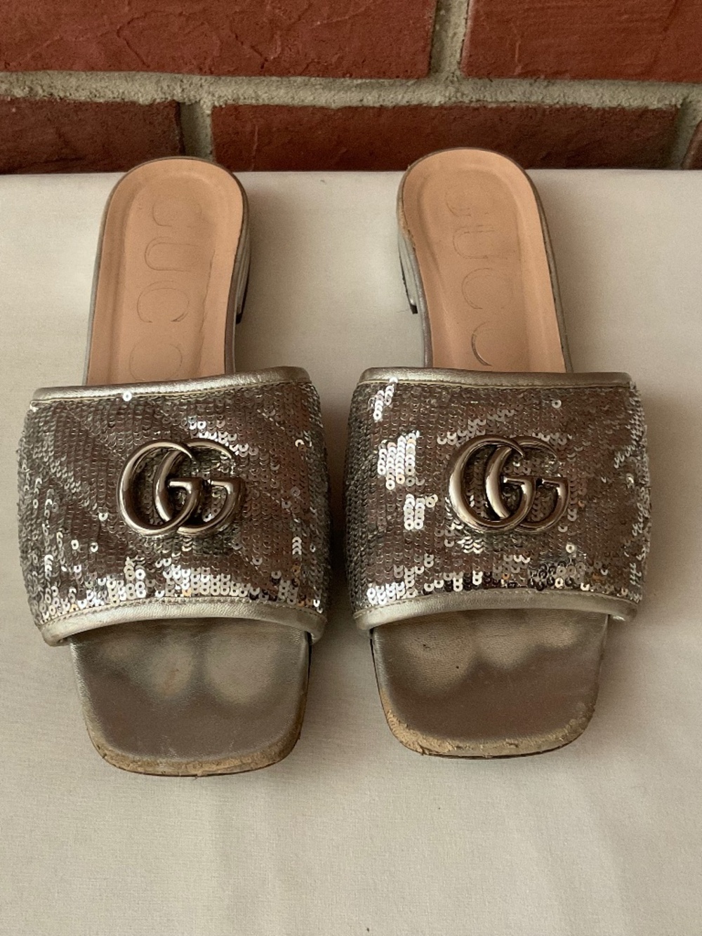 Gucci Marmont GG Slide Sandals Mule Silver Leather /Sequin Size 8 US 38 EUR